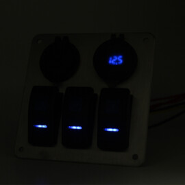 Stainless Steel 316L Switch Panel, 3 Way, Cigarette Lighter, Double USB Connection with Voltmeter, 12-24V, Blue LED, IP65