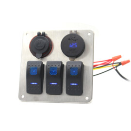 Stainless Steel 316L Switch Panel, 3 Way, Cigarette Lighter, Double USB Connection with Voltmeter, 12-24V, Blue LED, IP65