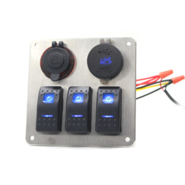 Stainless Steel 316L Switch Panel, 3 Way, Cigarette Lighter, Double USB Connection with Voltmeter, 12-24V, Green LED, IP65