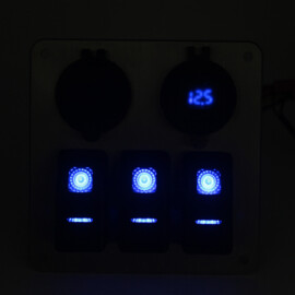 Stainless Steel 316L Switch Panel, 3 Way, Cigarette Lighter, Double USB Connection with Voltmeter, 12-24V, Green LED, IP65