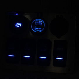 Stainless Steel 316L Switch Panel, 4 Way, Cigarette Lighter, 2x Double USB Connection with Voltmeter, 12-24V, Blue LED, IP65