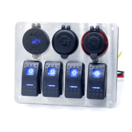 Edelstahl 316L Schalttafel, 4-Wege, Zigarettenanzünder, 2x Doppel-USB-Anschluss mit Voltmeter, 12-24V, Grüne LED, IP65