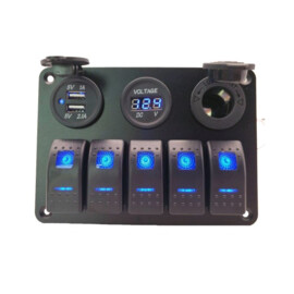 Schwarzes Aluminium-Schaltfeld, 5-Wege, Zigarettenanzünder, Dual-USB-Anschluss und Voltmeter, 12-24V, blaue LED, IP65