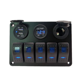 Schwarzes Aluminium-Schaltfeld, 5-Wege, Zigarettenanzünder, Dual-USB-Anschluss und Voltmeter, 12-24V, blaue LED, IP65