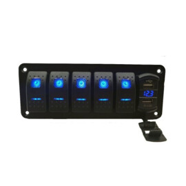 Schwarzes Aluminium Schaltfeld, 5-fach mit Voltmeter + 2 USB Anschlüsse, 12-24V, blaue LED, IP65