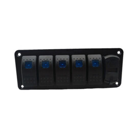 Black aluminum switch panel, 5-way with voltmeter + 2 USB connections, 12-24V, blue LED, IP65